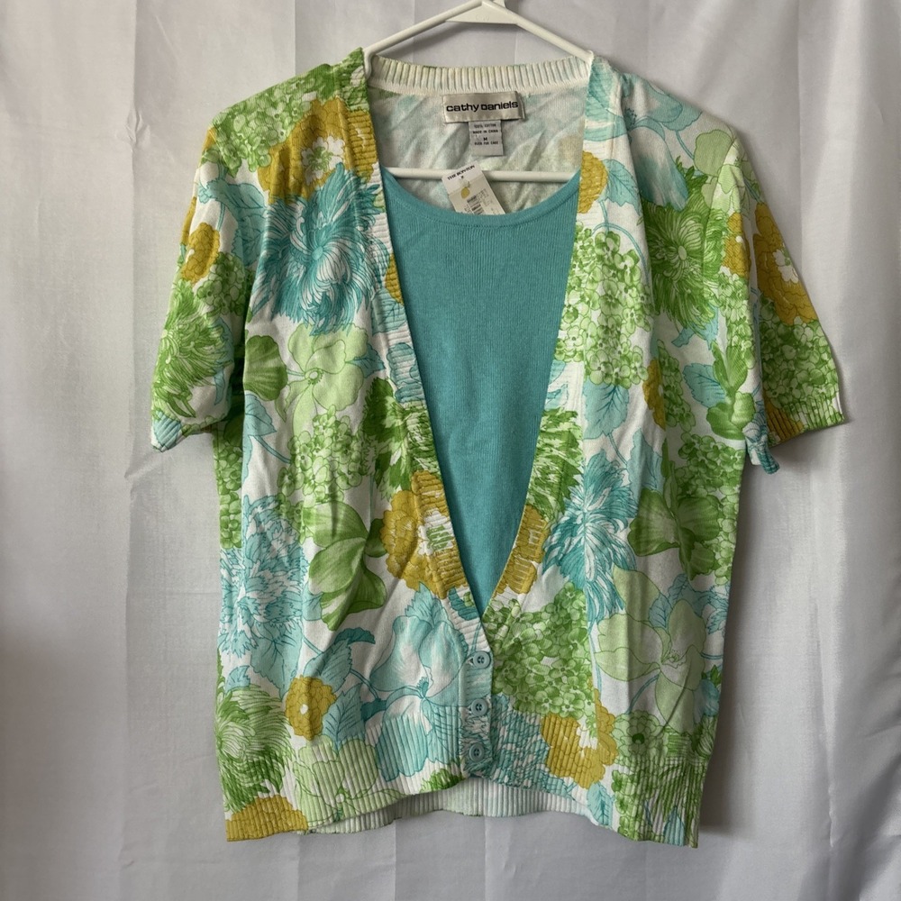 Cathy Daniels Two-Fer Cardigan Sweater Womens Med White Green Blue Floral NEW